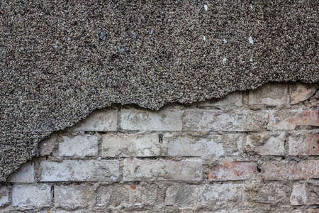 a brick wall with half-fallen plasterの写真素材