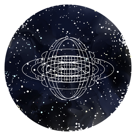 Ornament card with mandala on watercolor starry sky with Milky Way. Geometric element. Sacred Geometry. Bright pattern. Vectorのイラスト素材