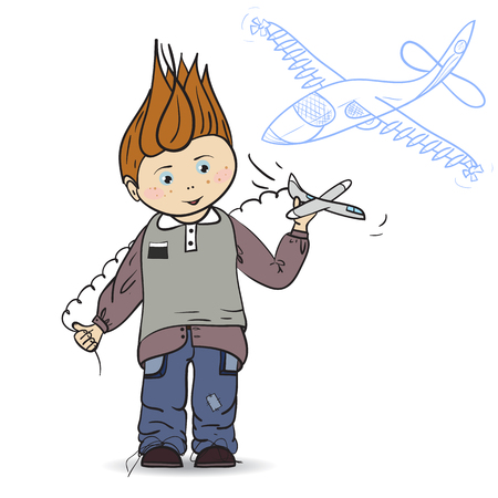 Illustration of a little boy with a toy airplane. Boy playing and dreaming. Vectorのイラスト素材