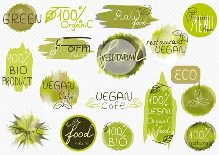Vector labels, food tags and elements set for cafe, restaurant and products packaging. Vector. Concept of healthy lifestyle, weight lossのイラスト素材
