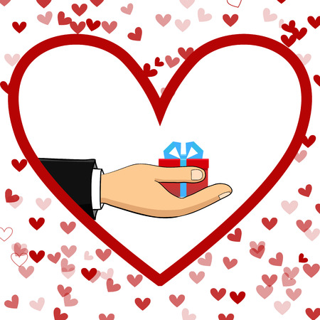 The hand that holds the box, gift. Flat style. Hand-drawn. The concept of delivery, victory, holiday, birthday, engagement, wedding. Vectorのイラスト素材