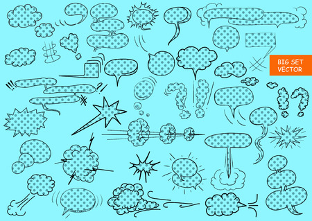 Comic blank text speech clouds in pop art style, set, hand drawn, vector illustrationのイラスト素材