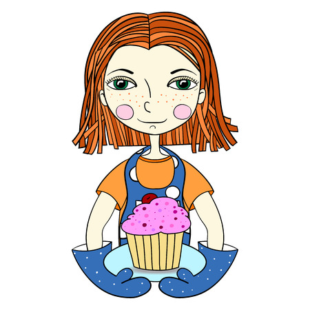 The girl in an apron and mittens holding a plate of cakes, cupcakes. The concept of delivery, healthy lifestyle, handmade, birthday. Hand drawn vector illustration for a logo or business cards for a bakery, cafe.のイラスト素材