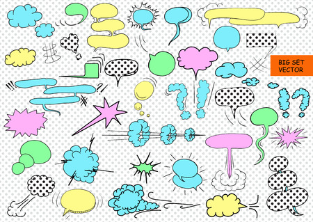 Comic blank text speech clouds in pop art style, set, hand drawn, vector illustrationのイラスト素材