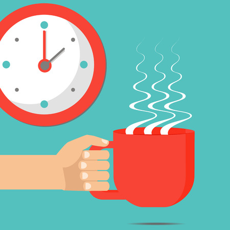 Hand holding cup of hot coffee, tea. Concept of coffee time, coffee break. Isolated vector, flat style.のイラスト素材
