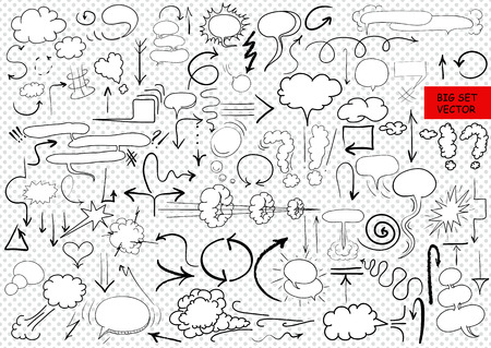 Big vector set of comic elements, hand drawn, arrows, doodle and comic blank 
text speech clouds in pop art styleのイラスト素材