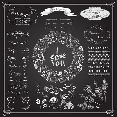 Big set of elements for wedding, invitation and save the date cards. Hand drawn vector illustration: flowers, owls, tapes, arrows, leaves, heartsのイラスト素材