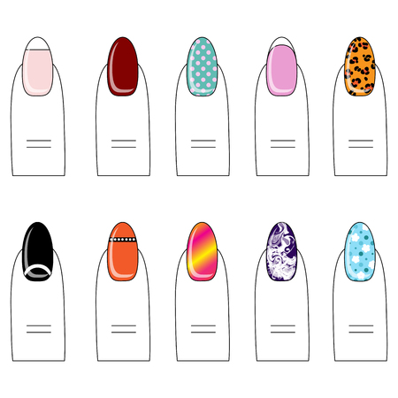 Different types of nail polish on the nails. Types of nail design. Vector. iconのイラスト素材