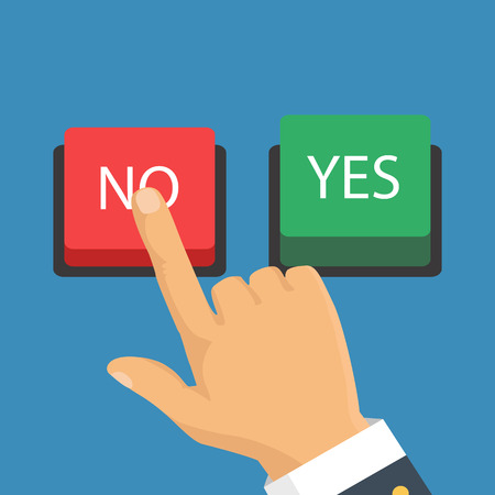 Vector illustration. The concept of choice, the right choice and a wrong decision. Hand, finger pressing buttons no or yes.のイラスト素材