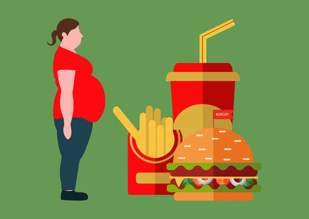 A fat woman and fast food. The concept of a healthy lifestyle and losing weight. Vectorのイラスト素材
