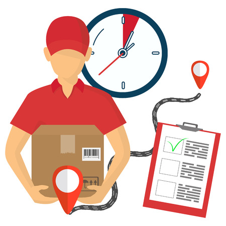 Service of fast delivery. Express delivery courier service. Man courier with box in his hands. Vector illutrationのイラスト素材