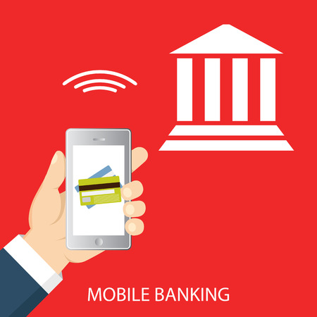 Vector flat illustration. Flat cartoon style. Send money via smartphone. Concept for mobile banking and online payment.のイラスト素材