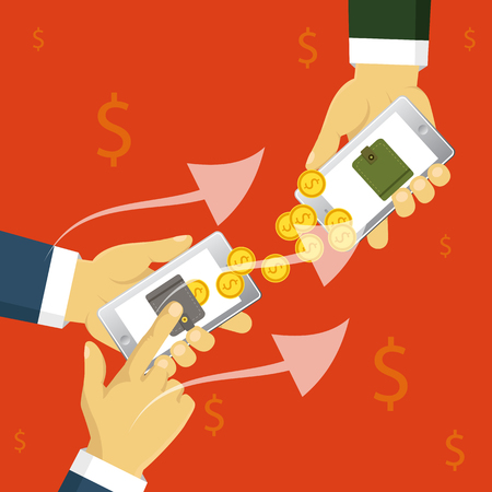 Payments methods. Flat vector illustration. People sending and receiving money wireless with mobile phones.のイラスト素材