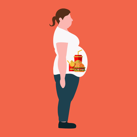 A fat woman and fast food. The concept of a healthy lifestyle and losing weight. Vectorのイラスト素材