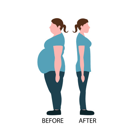 Figures of women thick and thin. weight loss concept. Vector illustrationのイラスト素材
