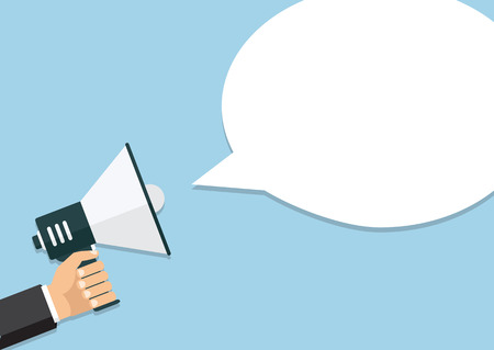 Hand holding a megaphone, flat design, promotion, social media marketing concept.のイラスト素材