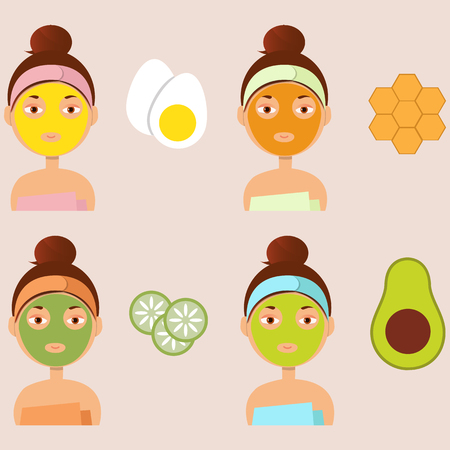 Vector illustration. Beautiful girl inflicts a mask of clay or cream on the face. Beauty, body care concept.のイラスト素材