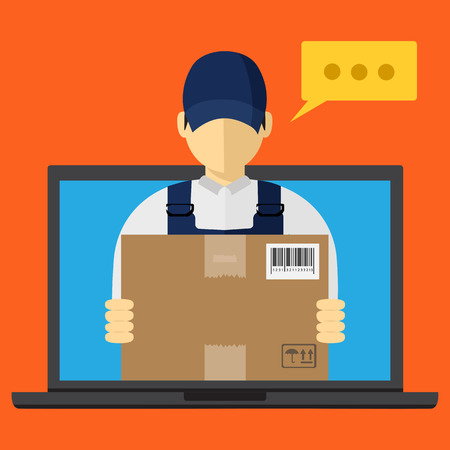 Isometric man, delivery concept. Man and parcel, isolated design. Vector iconのイラスト素材