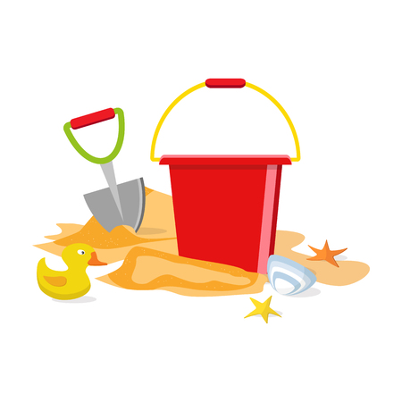 Beach toys isolated. Pail, shovel, starfish, bucket, duckling, shell, sand. Summer time flat design. Vectorのイラスト素材