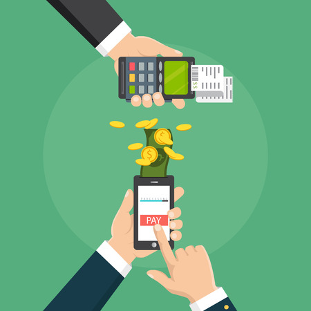 Mobile pos payment concept. Hand holding a phone. Smartphone wireless money transfer to pos terminal.のイラスト素材