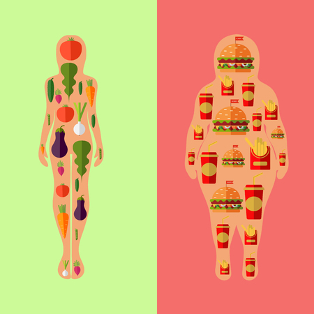 Vector female silhouette with fast food and vegetables. Illustration of a healthy lifestyle.のイラスト素材