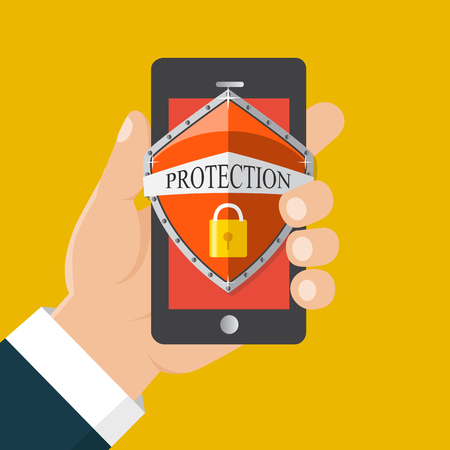  Mobile security app. User touch screen. Flat vector illustration. Hand holds a mobile phone.のイラスト素材