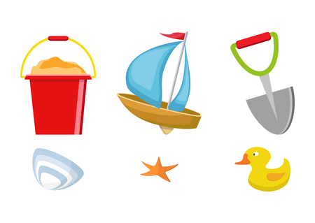 Summer time flat design. Vector. Beach toys isolated. Pail, shovel, starfish, bucket, duckling, shell, sand.のイラスト素材