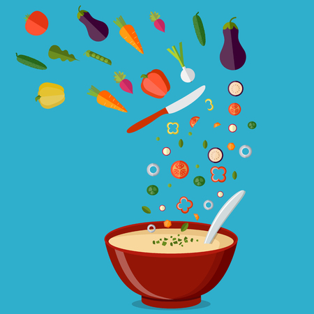 Soup with vegetables isolated  on white background. Vector illustration. Hot bowl of soup, dish isolated icon.のイラスト素材