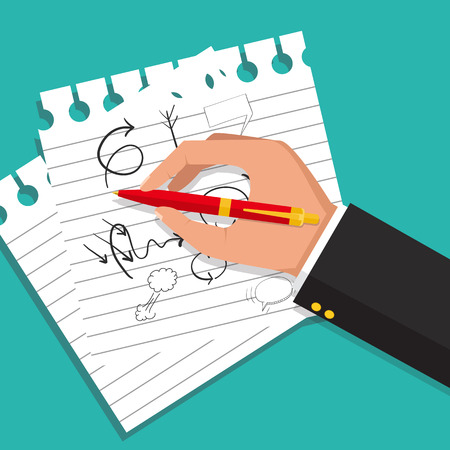 Man holds a pen and writes. Pen in hand.  Vector isolated illustration, flat design.のイラスト素材