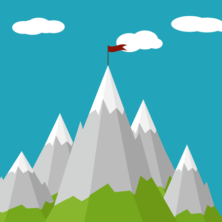 Vector graphics, flat style. Business concept. Mountains. Flag on top of the mountain. Success symbolのイラスト素材