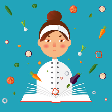 Flat vector color illustration. Restaurant menu design. Chef holding recipe cookbook.のイラスト素材