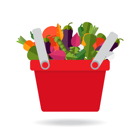 Fresh organic food. Vector. Shopping basket with fresh vegetables. Concept of healthy lifestyle, vegan, vegetarian.のイラスト素材