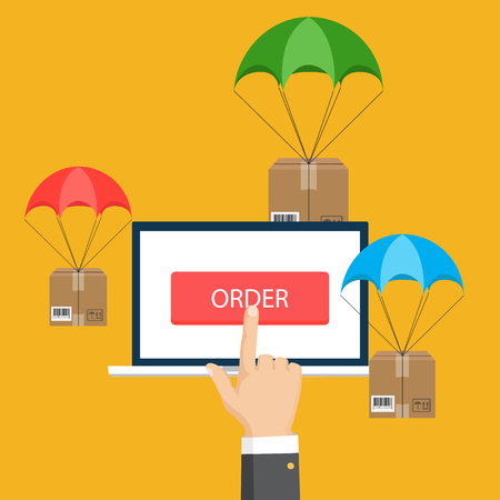 Flat design. Vector illustration. Delivery service. Parachute with parcel in the sky. Shipping, delivery concept.のイラスト素材