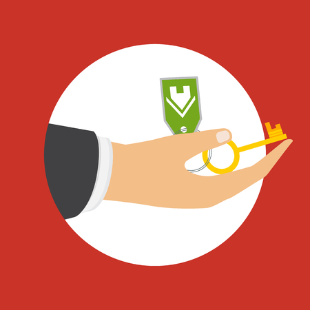 Hands giving keys for house. Sell house icon, successful investment concept. House handover. Vectorのイラスト素材
