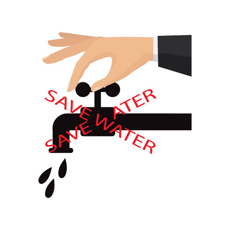 Vector flat illustration. Turn off the water with man's hand isolated on backgroundのイラスト素材