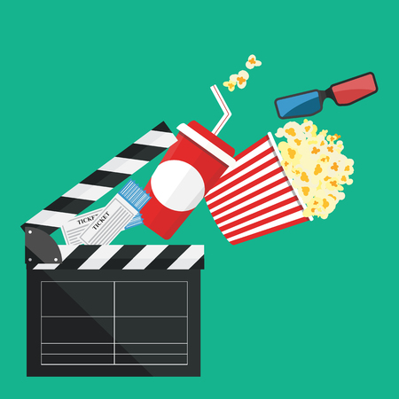 Popcorn, drink, and Filmstrip border. Cinema movie night icon in flat design style Vector illustrationのイラスト素材