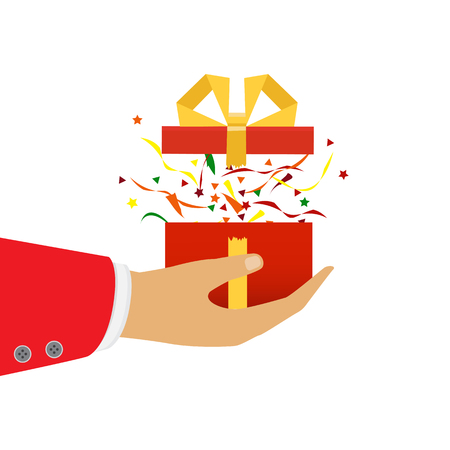 The hand that holds the box, gift flat style. The concept of delivery, victory, holiday, birthday, engagement, wedding.のイラスト素材