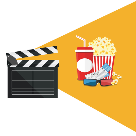 Popcorn and drink, film strip border. Cinema movie night icon in flat design style. Bright background vector illustration.のイラスト素材