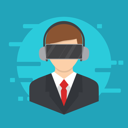 Person character in virtual reality. Vector concept on virtual reality headset.のイラスト素材