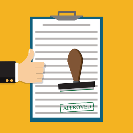 Approved paper document, green approved stamp. Vector flat illustrationのイラスト素材