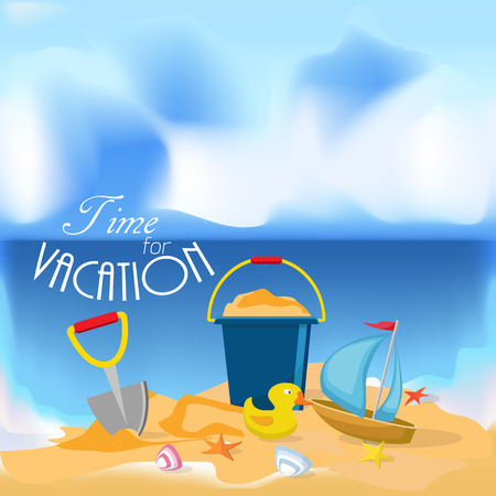 Summer time flat design. Vector. Beach toys isolated. Pail, shovel, starfish, bucket, duckling, shell, sand. のイラスト素材