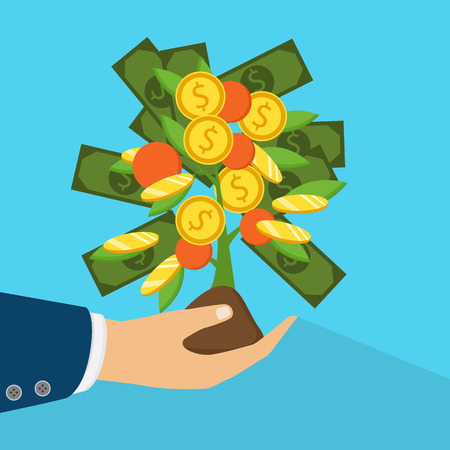 The concept of earnings, success in work, money. The hand of a businessman who pours a money tree.のイラスト素材