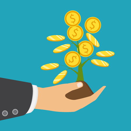 The concept of earnings, success in work, money. Vector illustration. The hand of a businessman who pours a money tree. のイラスト素材