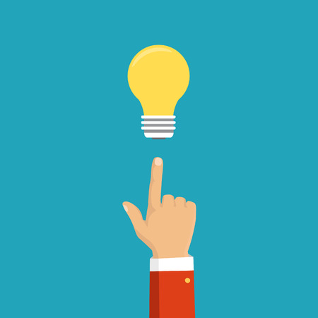Pointing finger on bulb. Concept of big idea. Vector illustration in flat design. Isolated on background. のイラスト素材