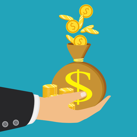 Flat icon, vector illustration. Money saving and money bag concept. Money making. Bank deposit. Financials. Isolated on a background.のイラスト素材