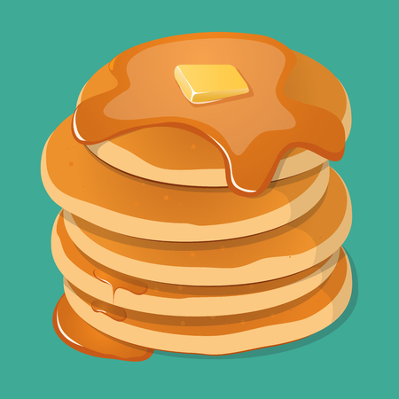 Fresh tasty hot pancakes with sweet maple syrup. Cartoon icon isolated on background. Vintage restaurant sign.のイラスト素材