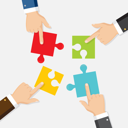Four businessman connecting puzzle. Vector. Business teamwork concept. のイラスト素材