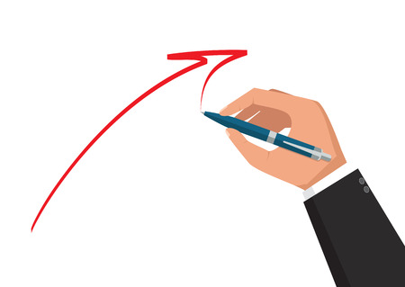 Man holds a pen and writes. Pen in hand. Vector isolated illustration, flat design.のイラスト素材