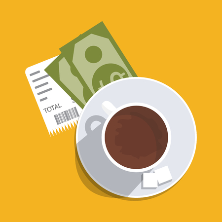 Money for service. Vector illustration. Cup with coffee, cash and coins, check. のイラスト素材