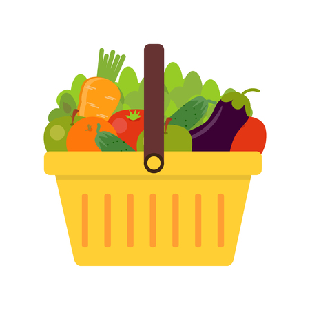 Fresh organic food. Vector. Shopping basket with fresh vegetables. Concept of healthy lifestyle, vegan, vegetarian. のイラスト素材